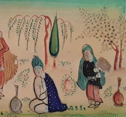 AN EARLY ORIENTAL INLAID, HAND-PAINTED BOX.