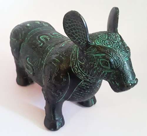 Antique Chinese Verdigris Bronze of a `Malayan Tapir`. Archaic Style.
