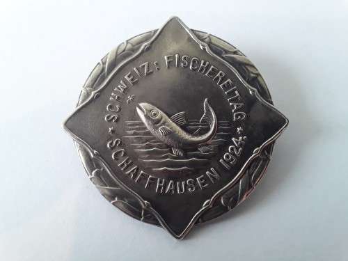 Swiss 1924 solid silver Schaffhausen Fishing Day badge by `Jezler`
