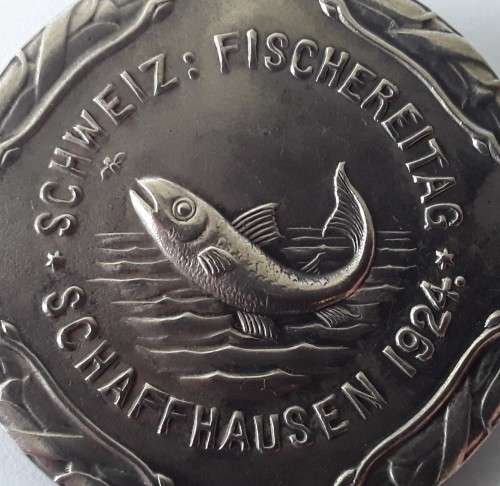 Swiss 1924 solid silver Schaffhausen Fishing Day badge by `Jezler`