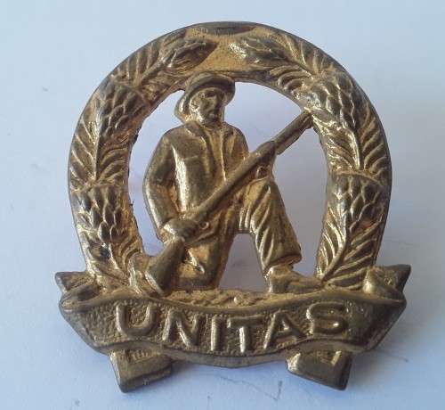 Brass `Unitas` Commando collar badge. Pins intact.