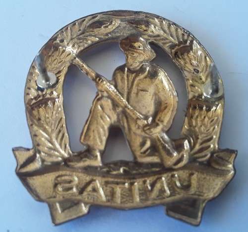 Brass `Unitas` Commando collar badge. Pins intact.