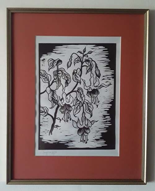 Framed, Signed and Dated Gregoire Boonzaier `Hibiscus` Linocut. 51 cm x 41 cm.
