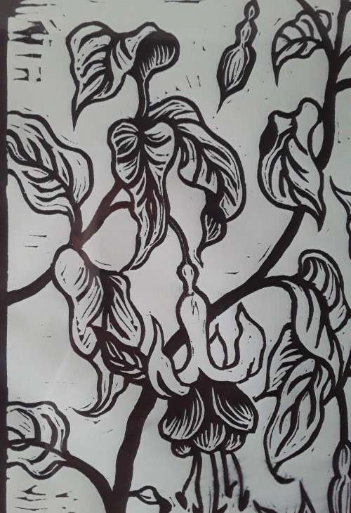 Framed, Signed and Dated Gregoire Boonzaier `Hibiscus` Linocut. 51 cm x 41 cm.