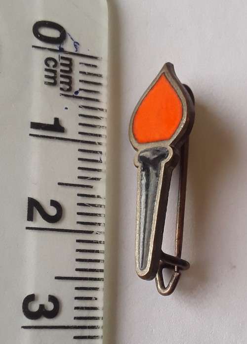 Vintage Black And Orange Enameled `Flame And Torch` Pin Badge.