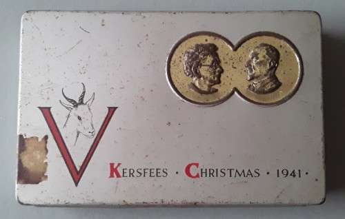 Unusual WW2 1941 `Jan And Isie Smuts` Christmas Gift Tin With Price Tag.