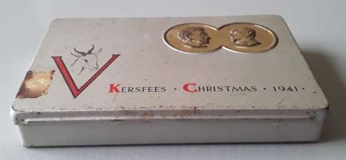 Unusual WW2 1941 `Jan And Isie Smuts` Christmas Gift Tin With Price Tag.