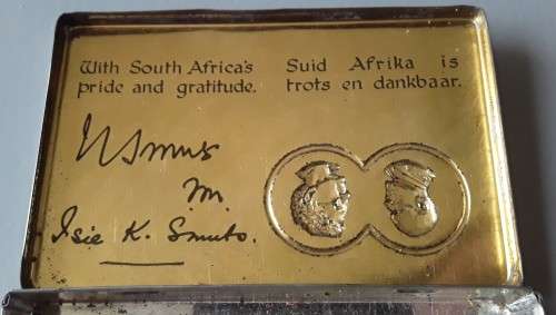 Unusual WW2 1941 `Jan And Isie Smuts` Christmas Gift Tin With Price Tag.