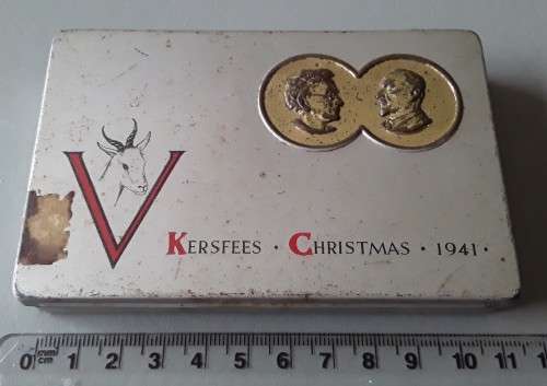Unusual WW2 1941 `Jan And Isie Smuts` Christmas Gift Tin With Price Tag.