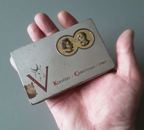 Unusual WW2 1941 `Jan And Isie Smuts` Christmas Gift Tin With Price Tag.