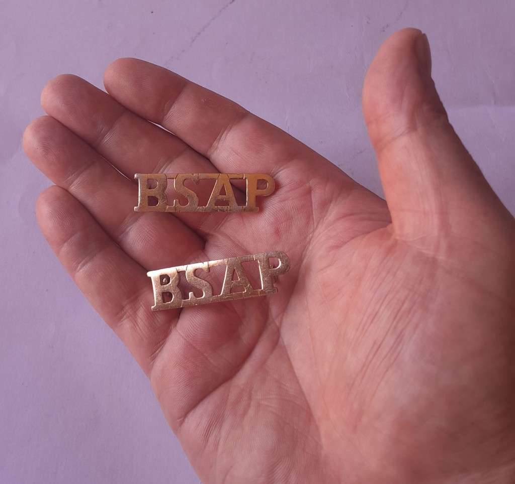 Pair Rhodesia BSAP (British South African Police) Shoulder Titles. Lugs intact.