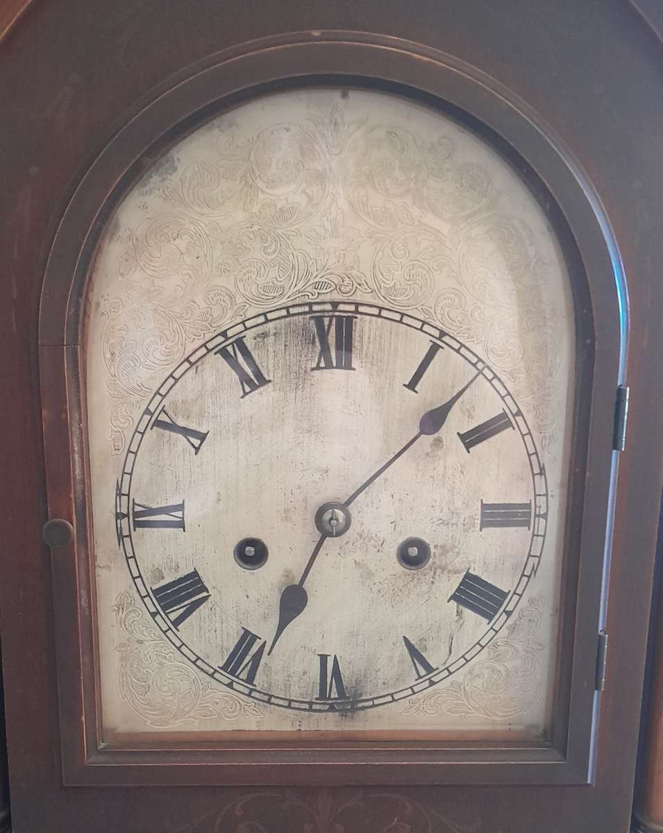 Antique 1913 Mantel Clock Presented By Harrismith Railway Staff.  Running. 42 x 31.5 x 17.5 cm.