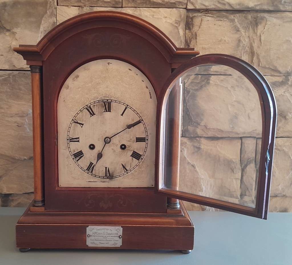 Antique 1913 Mantel Clock Presented By Harrismith Railway Staff.  Running. 42 x 31.5 x 17.5 cm.