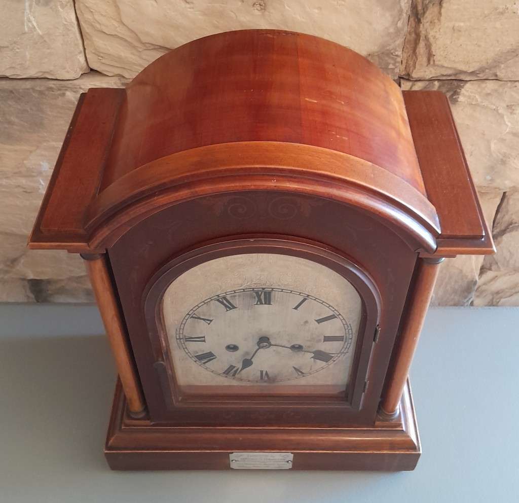 Antique 1913 Mantel Clock Presented By Harrismith Railway Staff.  Running. 42 x 31.5 x 17.5 cm.