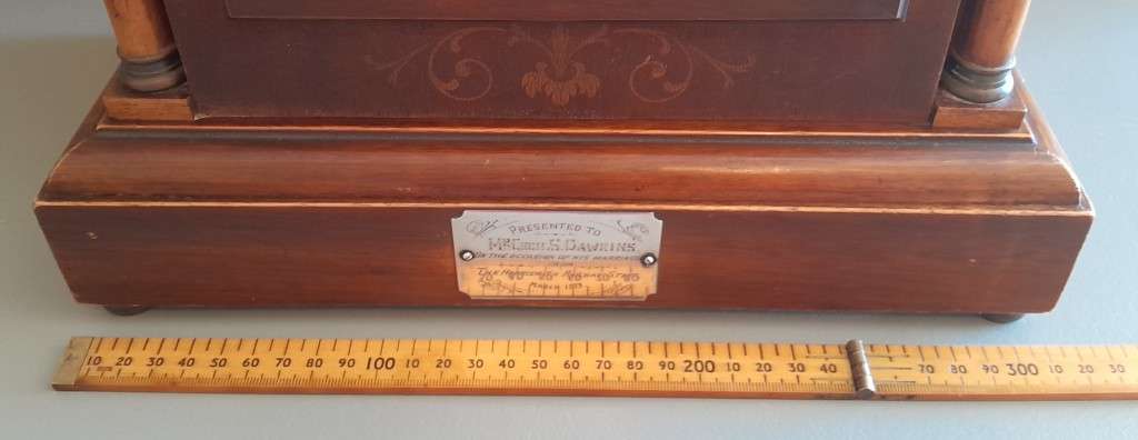 Antique 1913 Mantel Clock Presented By Harrismith Railway Staff.  Running. 42 x 31.5 x 17.5 cm.