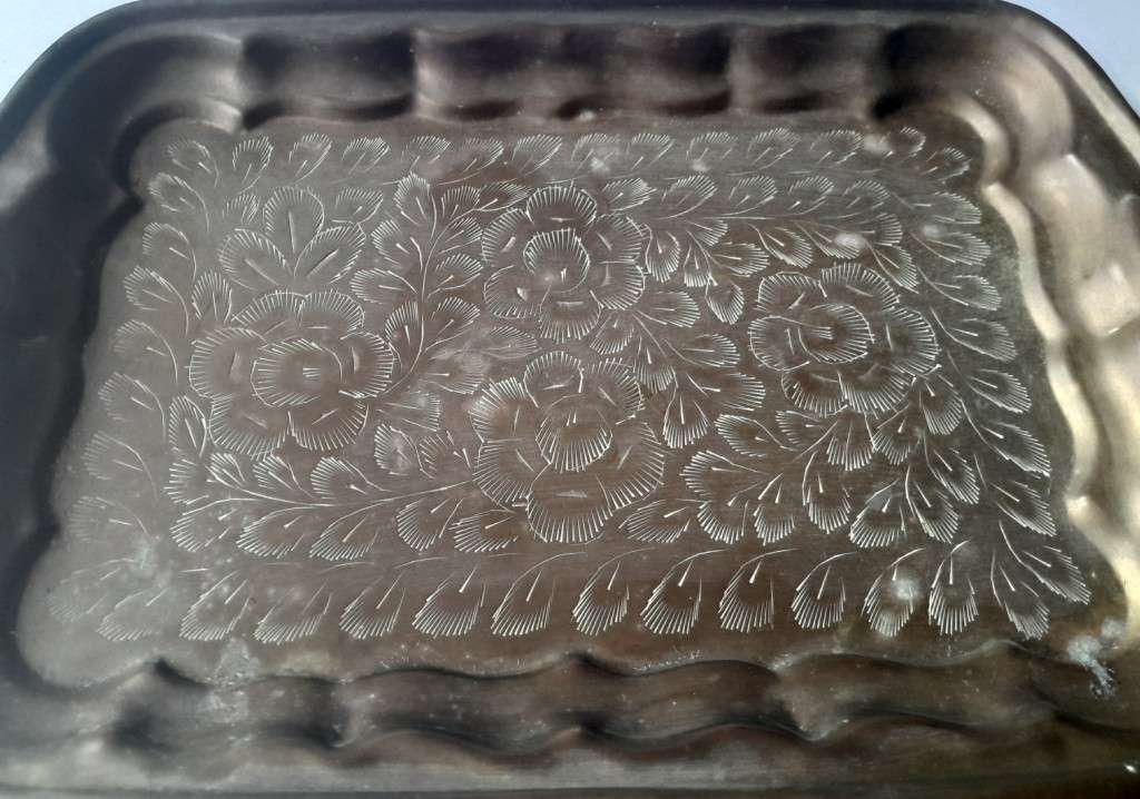 Vintage Brass Metal Engraved Hanging Tray. 25.5 x 16.5 cm.