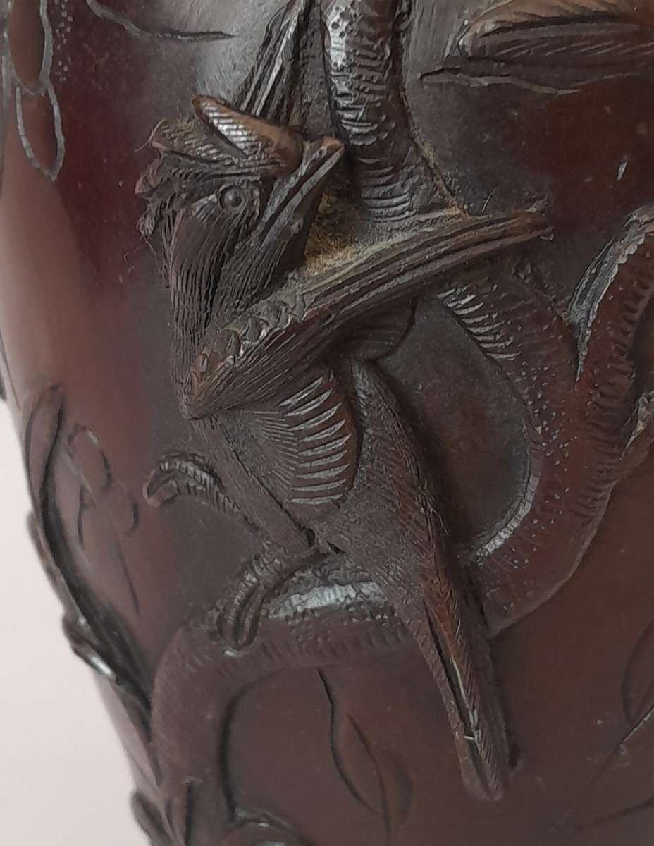 `Reserved`. Meiji Period (1868-1912) Bronze Japanese Vase With Raised Relief Design. Signed.