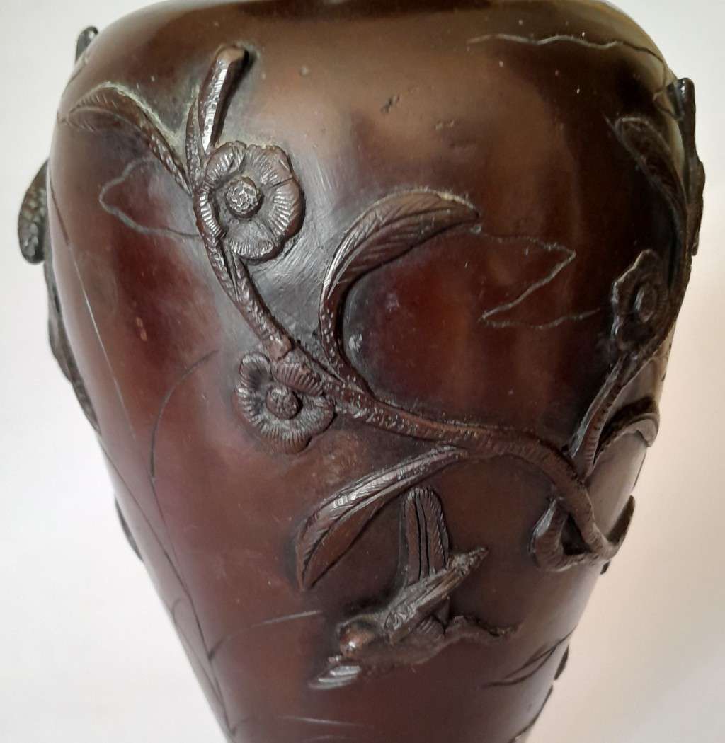 `Reserved`. Meiji Period (1868-1912) Bronze Japanese Vase With Raised Relief Design. Signed.