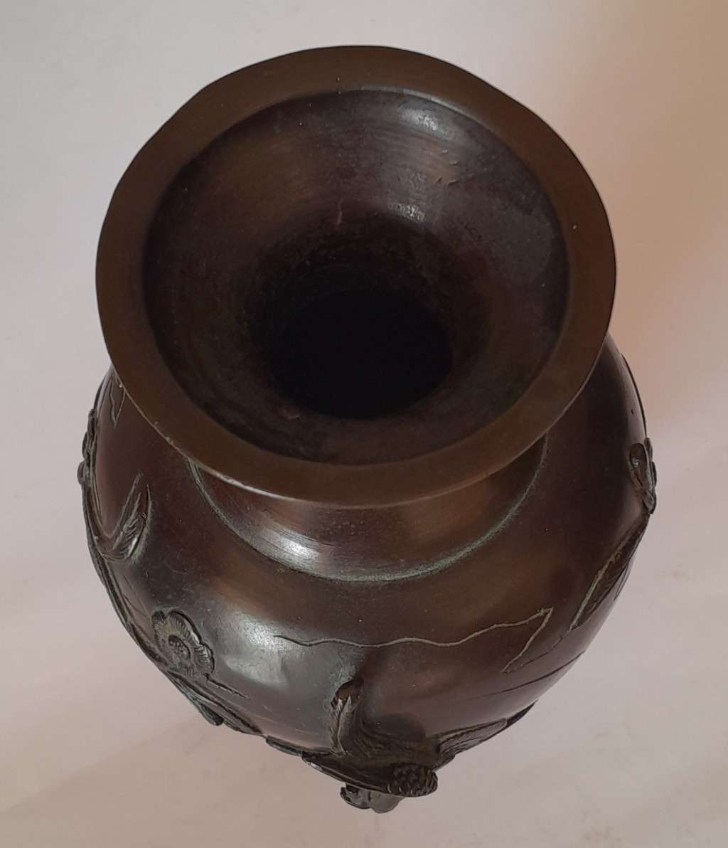 `Reserved`. Meiji Period (1868-1912) Bronze Japanese Vase With Raised Relief Design. Signed.