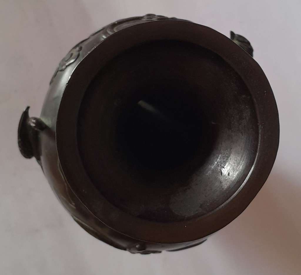 `Reserved`. Meiji Period (1868-1912) Bronze Japanese Vase With Raised Relief Design. Signed.