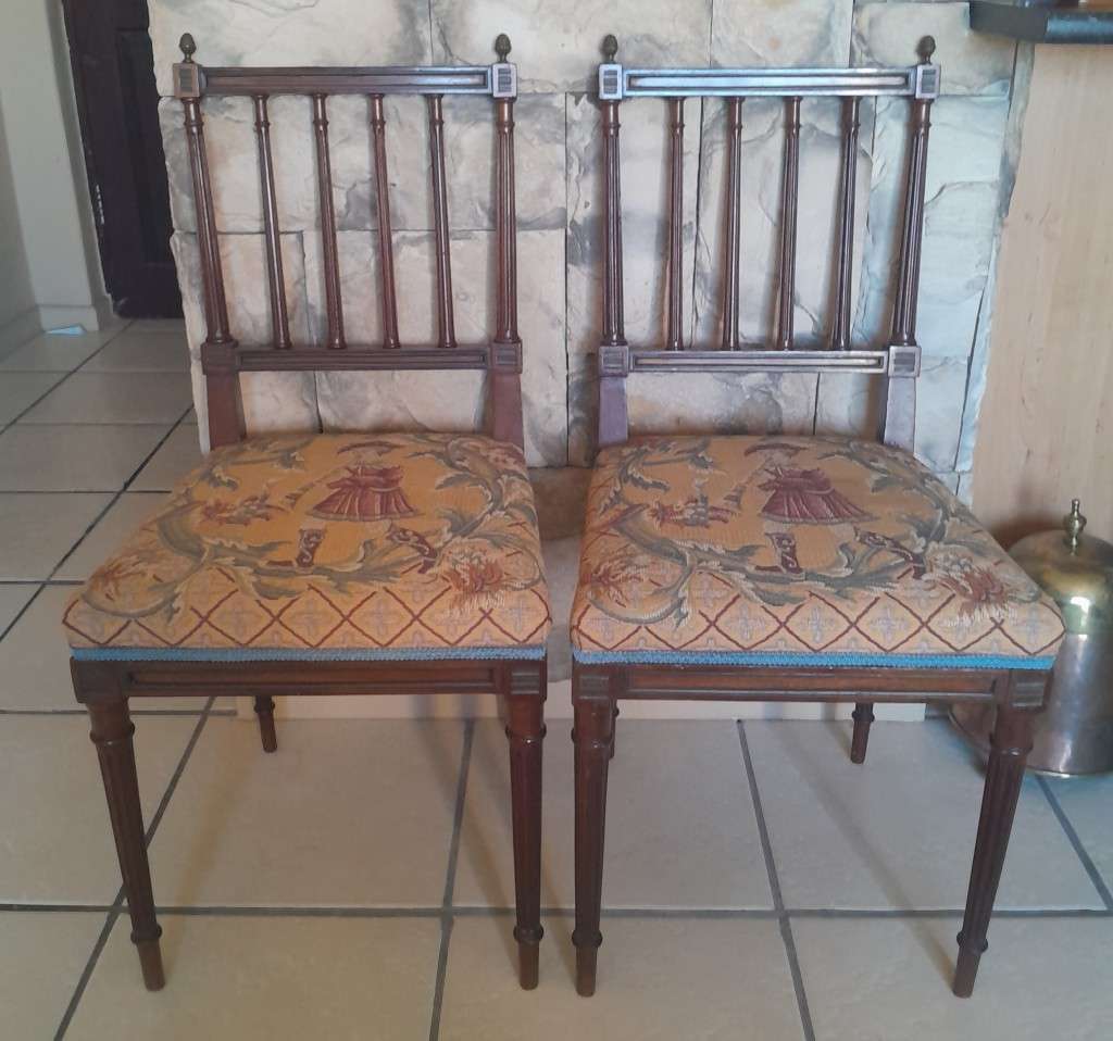 Pair Victorian Louis XVI Style Side Chairs With Beautiful Upholstery (Collection Only).