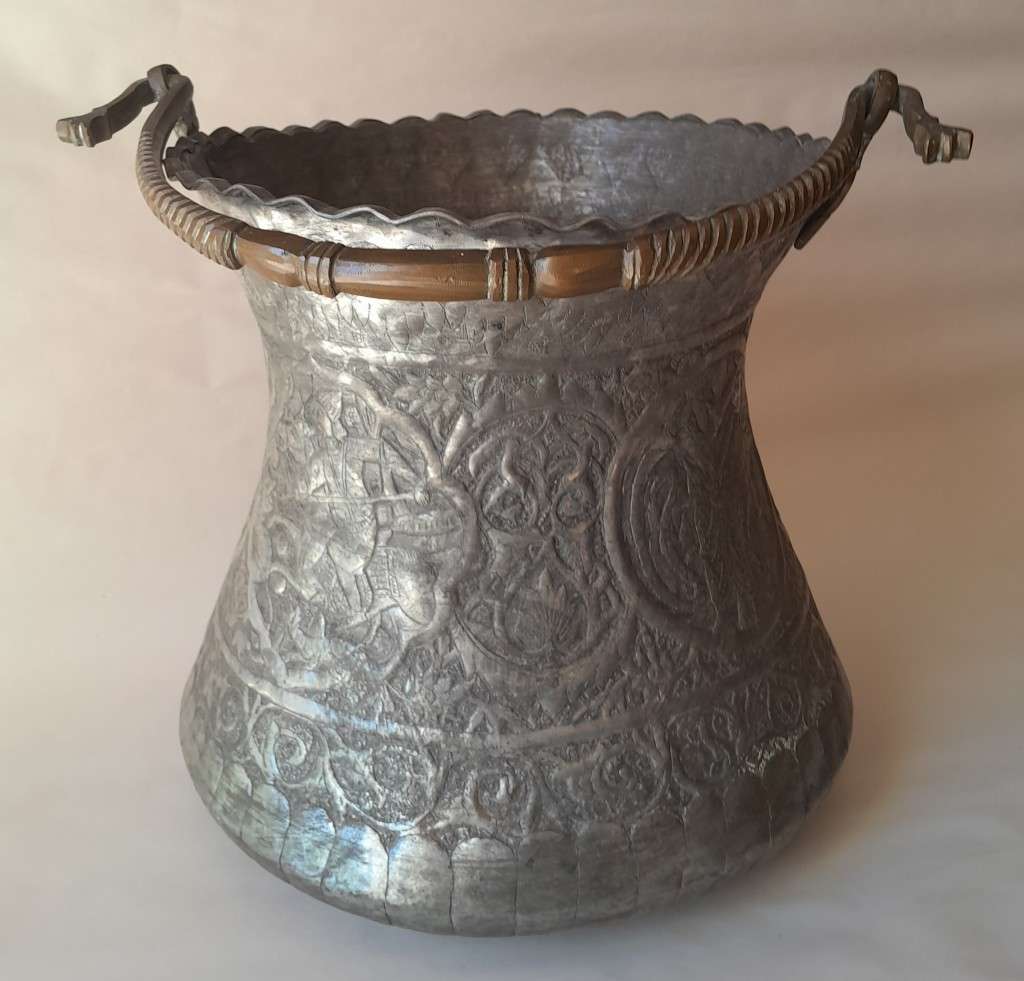 Large Antique Persian Qajar Silver Traced Embossed Bucket.