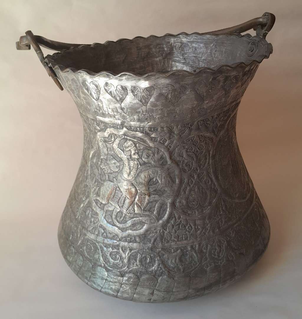Large Antique Persian Qajar Silver Traced Embossed Bucket.