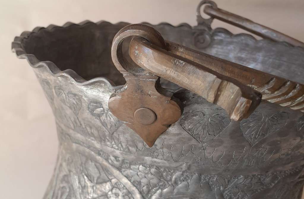 Large Antique Persian Qajar Silver Traced Embossed Bucket.