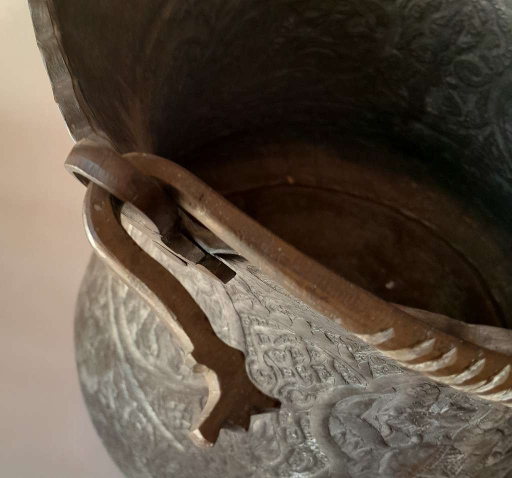 Large Antique Persian Qajar Silver Traced Embossed Bucket.