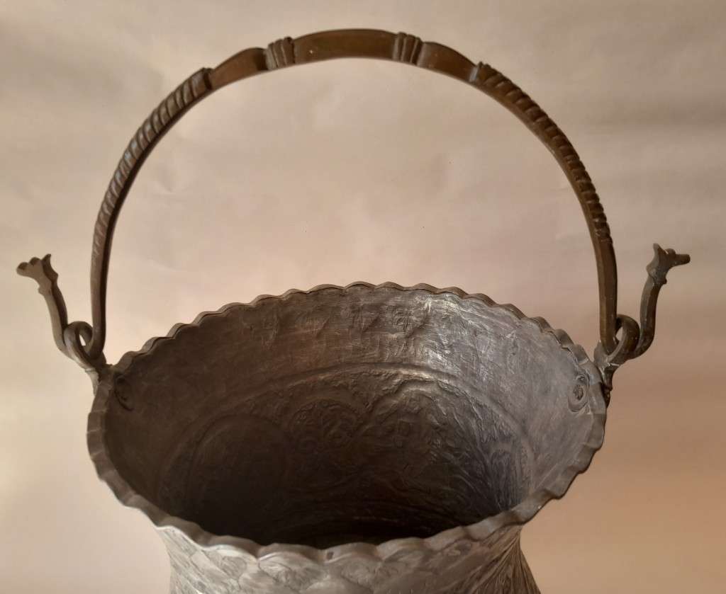 Large Antique Persian Qajar Silver Traced Embossed Bucket.