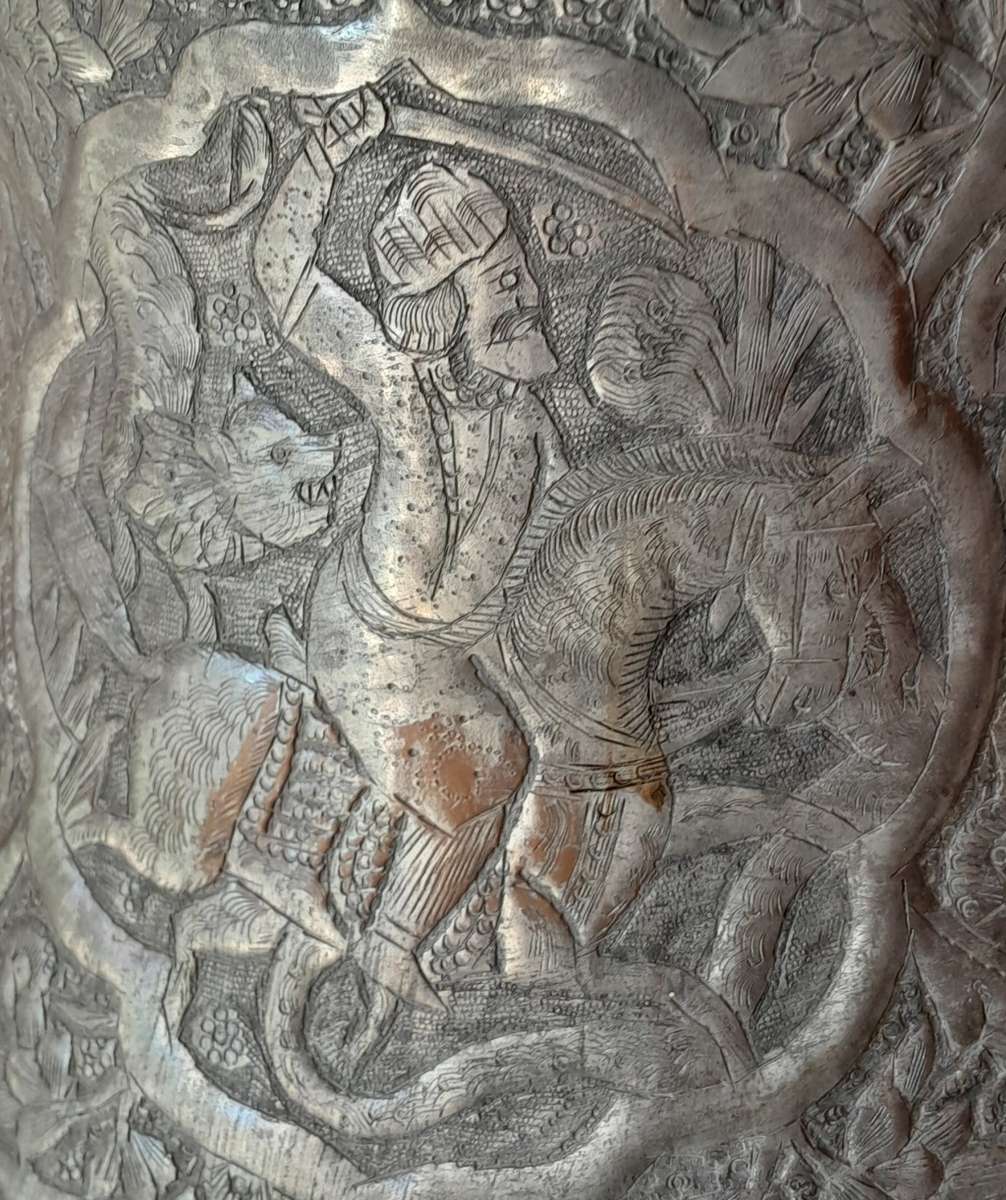 Large Antique Persian Qajar Silver Traced Embossed Bucket.