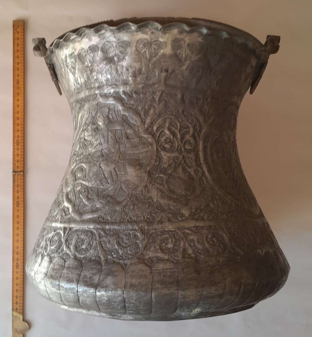 Large Antique Persian Qajar Silver Traced Embossed Bucket.