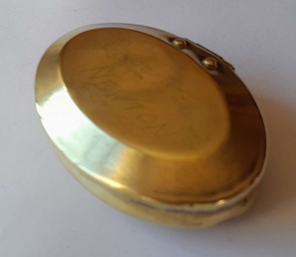 Rare Antique Solid Brass Welsh Miner`s Snuff Box. Inscribed `R. Carter Newton`. Circa 1900.
