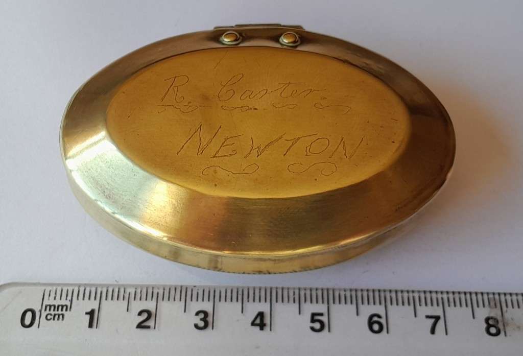 Rare Antique Solid Brass Welsh Miner`s Snuff Box. Inscribed `R. Carter Newton`. Circa 1900.