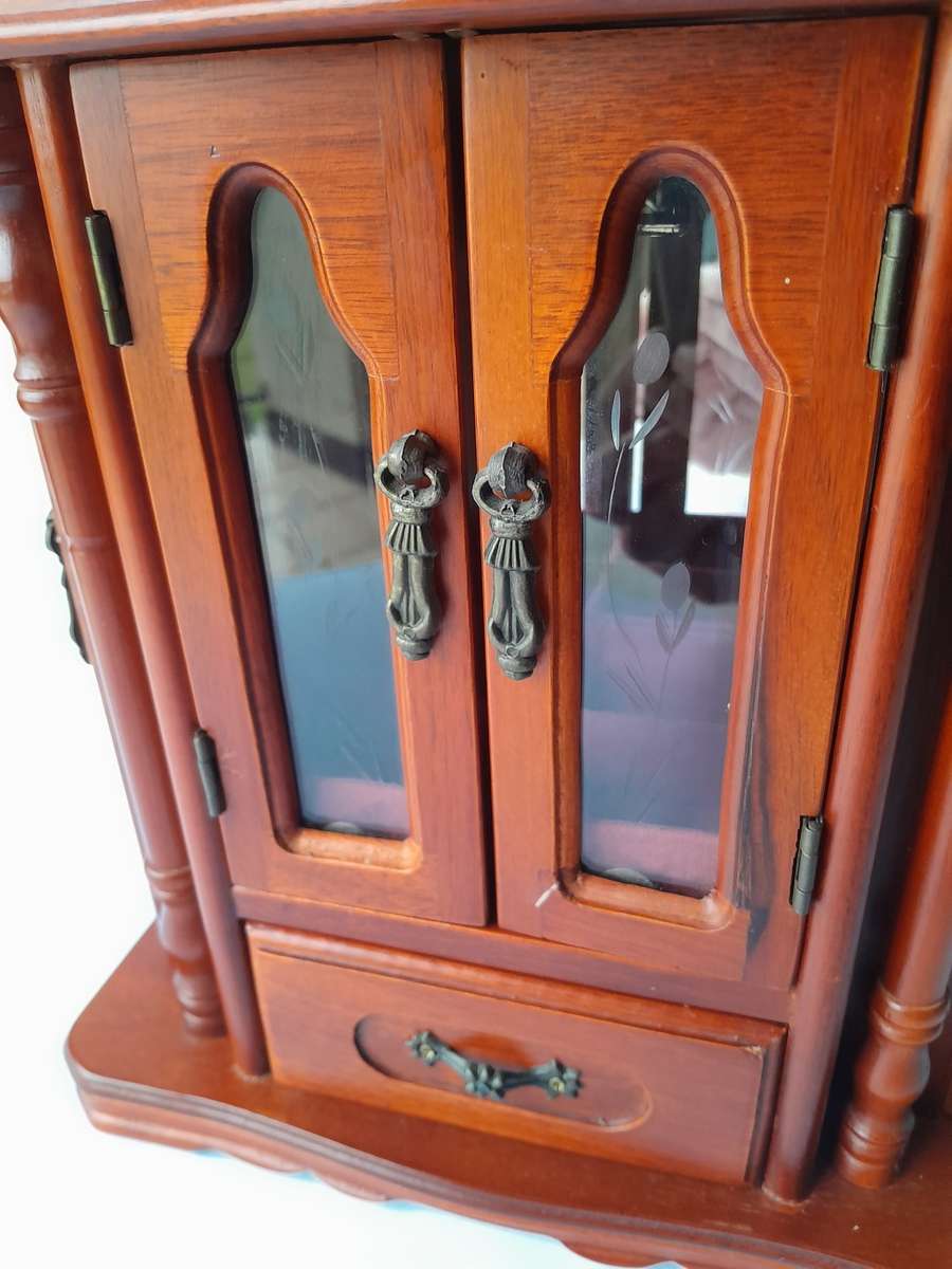 "Reserved" Vintage Cherrywood Armoire Jewelry Case. Excellent Condition.