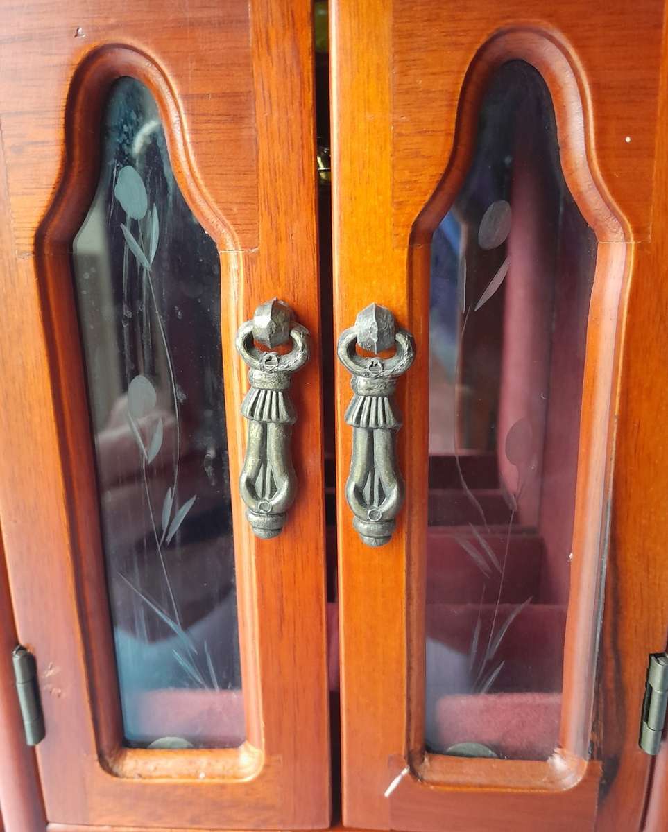 "Reserved" Vintage Cherrywood Armoire Jewelry Case. Excellent Condition.
