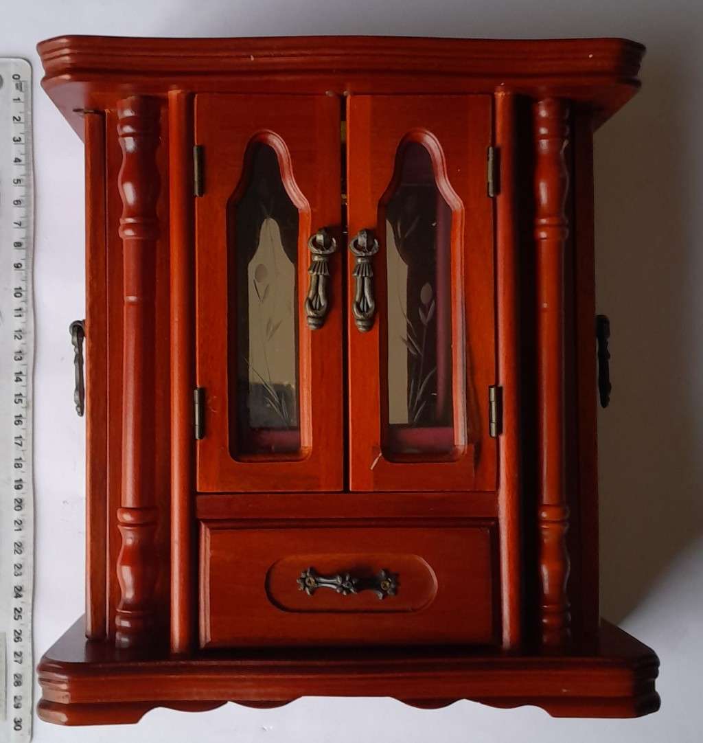 "Reserved" Vintage Cherrywood Armoire Jewelry Case. Excellent Condition.