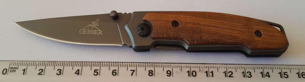 "Reserved" Gerber X18 Folding Knife with Cedar Wood Grips.  15cm.
