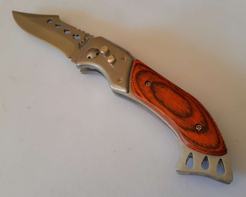 Fajiadao Push Button Lock Folding Knife with LED Torch.  23.5cm.