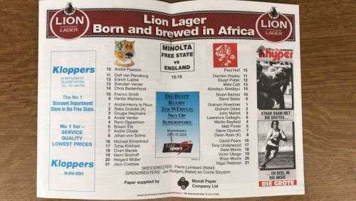 1994 Free State vs England Programme