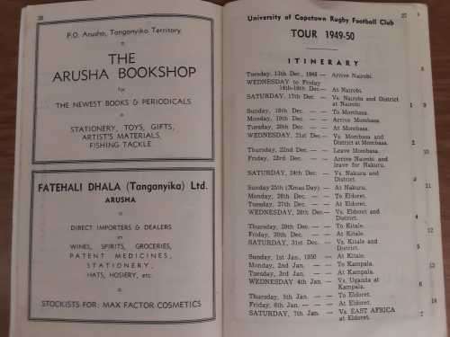 1949 - 1950 University of Cape Town Rugby Tour of East Africa Programme