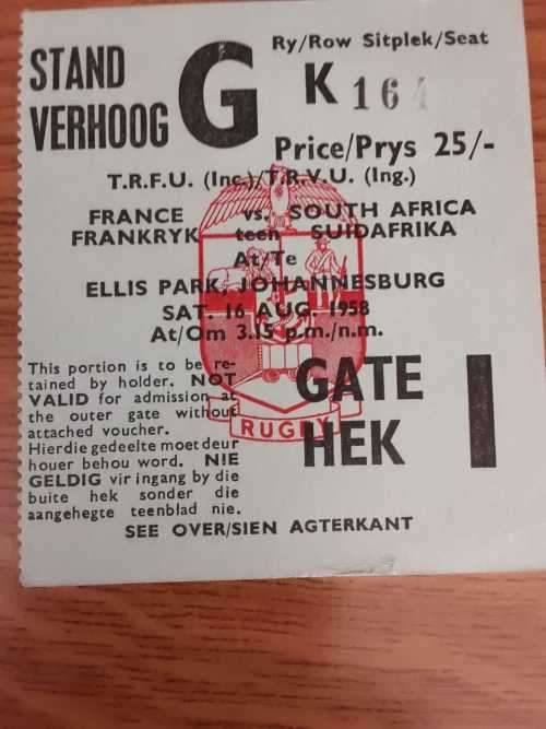 1958 France vs South Africa Second Test Ticket