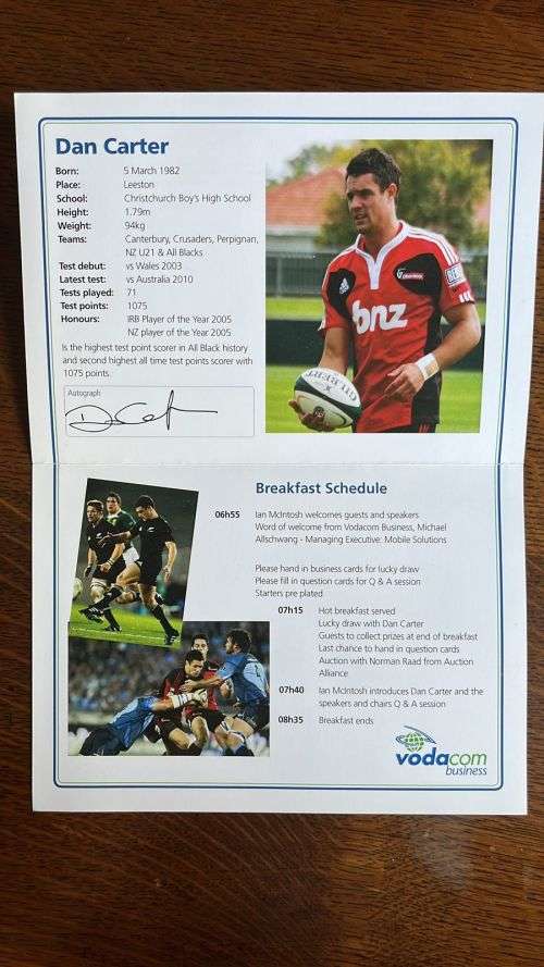 2010 Vodacom Business Breakfast with Dan Carter Card - Signed