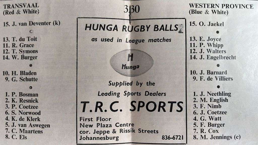 1971 Western Province vs Transvaal at Ellis Park Programme, details below