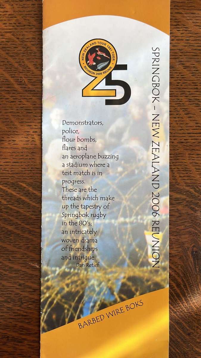 25 Year Reunion of 1981 Springbok Tour of New Zealand Dinner Menu Card, details below