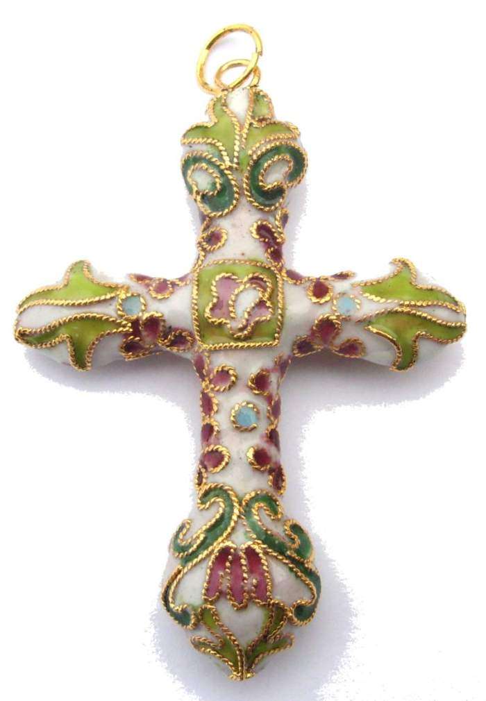 Gorgeous Large White Cloisonne Cross Pendant