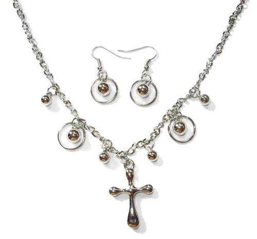 Gorgeous Rhodium Plated Necklace and Earring Set - Cross