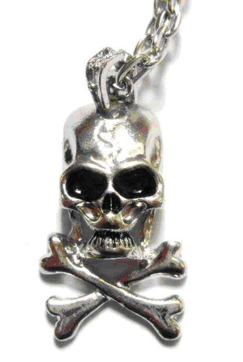 Rhodium EP Detailed Skull and Crossbones Pendant on Necklace