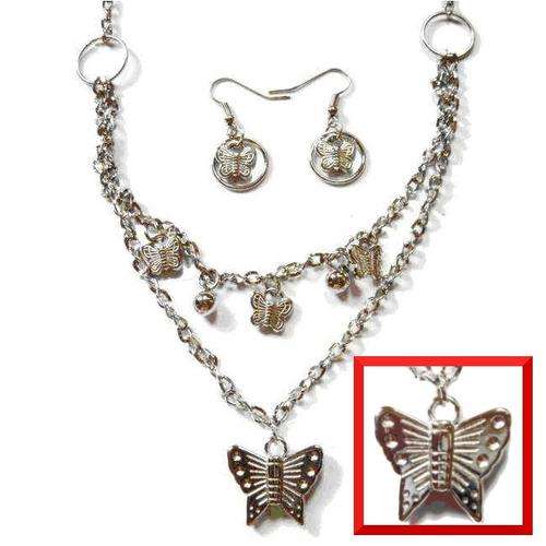 Rhodium EP Butterfly Necklace and Earrings Set