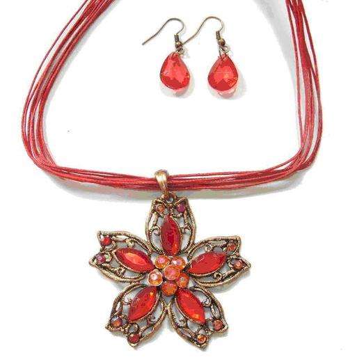 Antiqued Rhinestone-Studded Red Flower Necklace and Earring Set